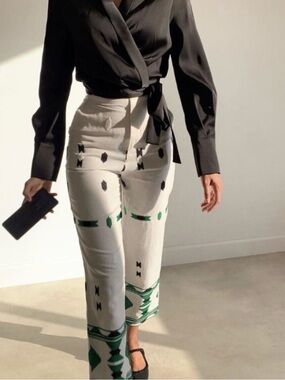 Zara Cream Wide-Leg Pants with Green & Black Print